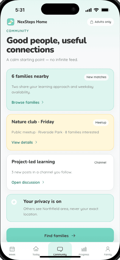 NexSteps Home adults-only Community with nearby families, a public meetup and privacy status