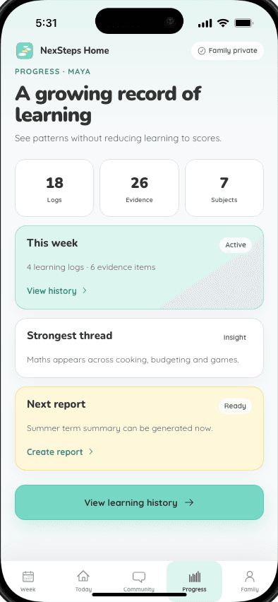 NexSteps Home progress overview with learning logs, evidence, subjects and report preparation