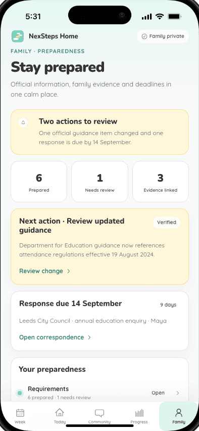 NexSteps Home preparedness view with verified guidance, evidence links and correspondence dates