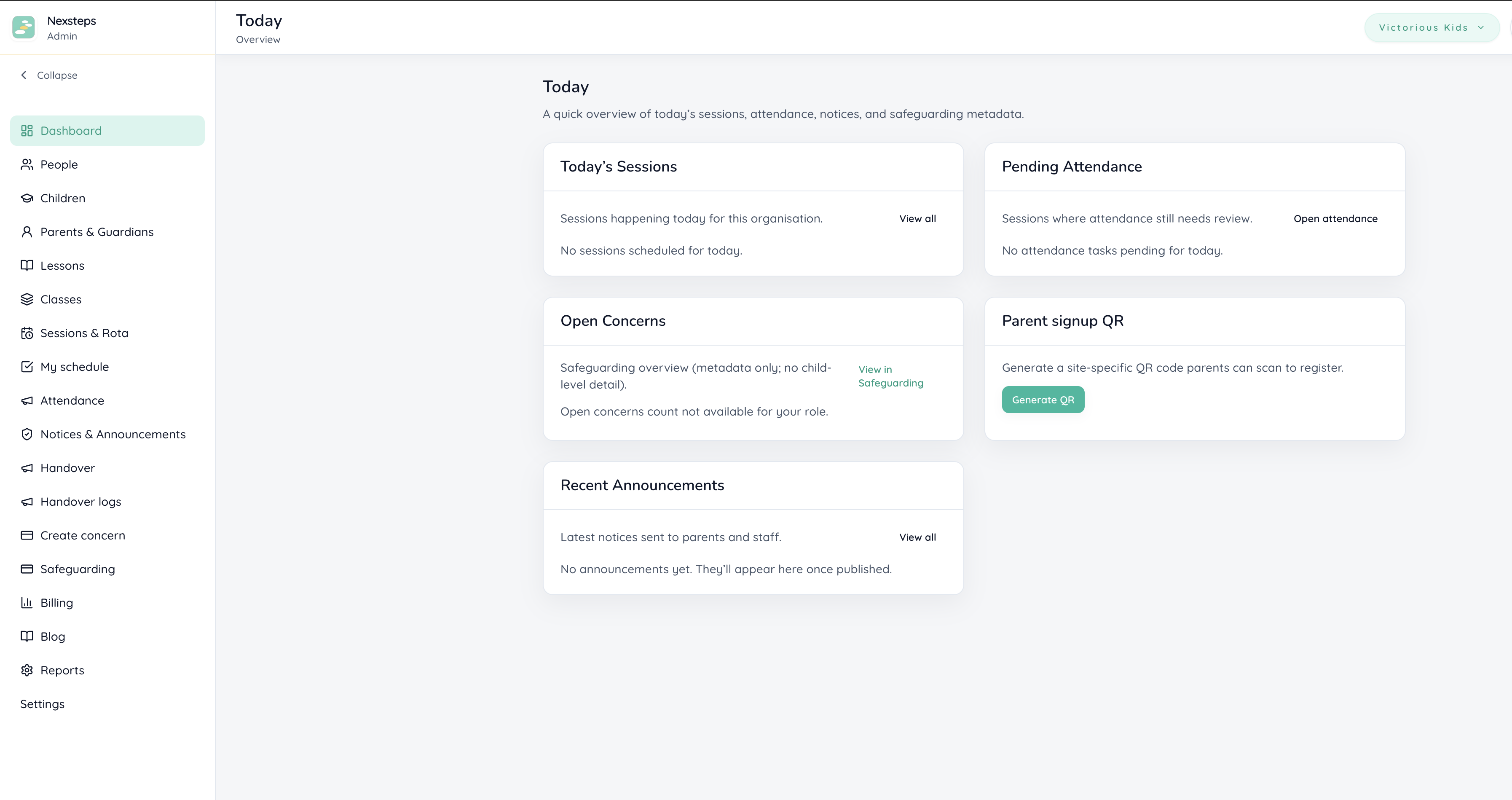 NexSteps admin dashboard overview